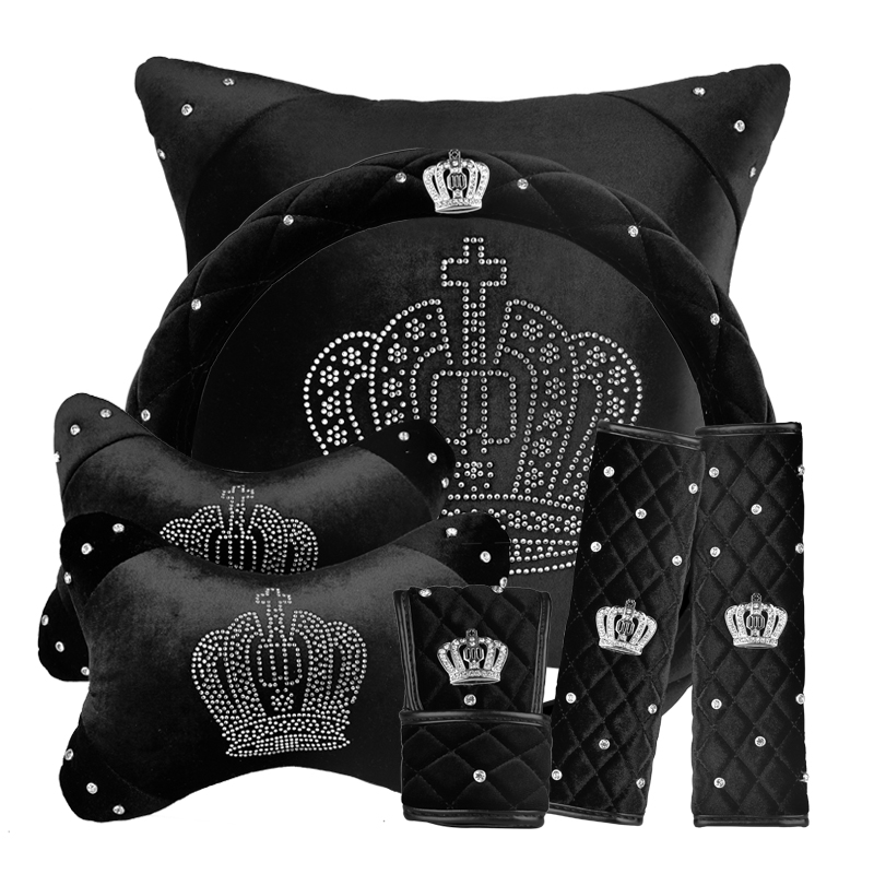 Car interior diamond-encrusted crown series car handbrake cover shift handle gloves headrest pillow pillow waist support cover set