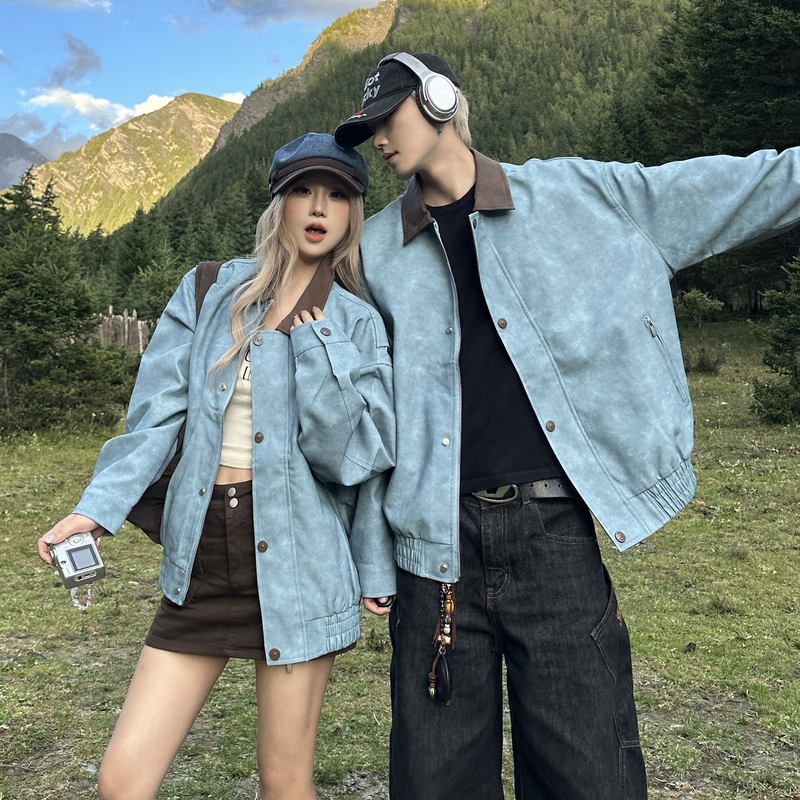 Couple's Clothing Autumn and Winter New American Retro Pu Leather Jacket with Contrasting Colors and Distressed Cleanfit Baseball Jacket Trendy Couple's Clothing Autumn and Winter New American Retro Pu Leather Jacket with Contrasting Colors and Distressed Cleanfit Baseball Jacket Trendy