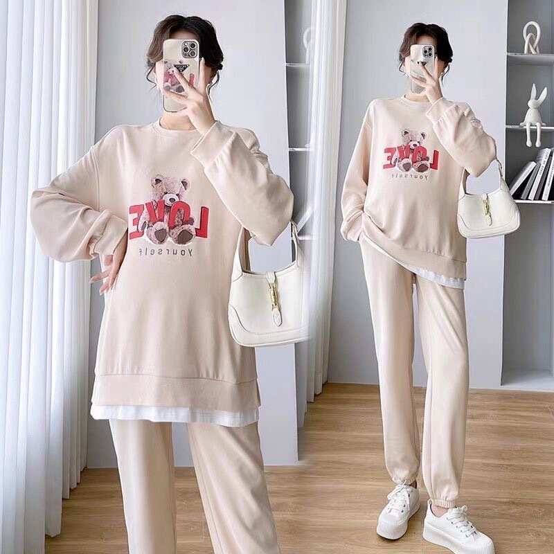 Maternity Autumn Outfit Set, Fashionable and Age-Reducing, Plus-Size Long-Sleeved Sweatshirt That Can Be Worn Outside, Spring and Autumn Maternity Belly Support Pants Two-Piece Set