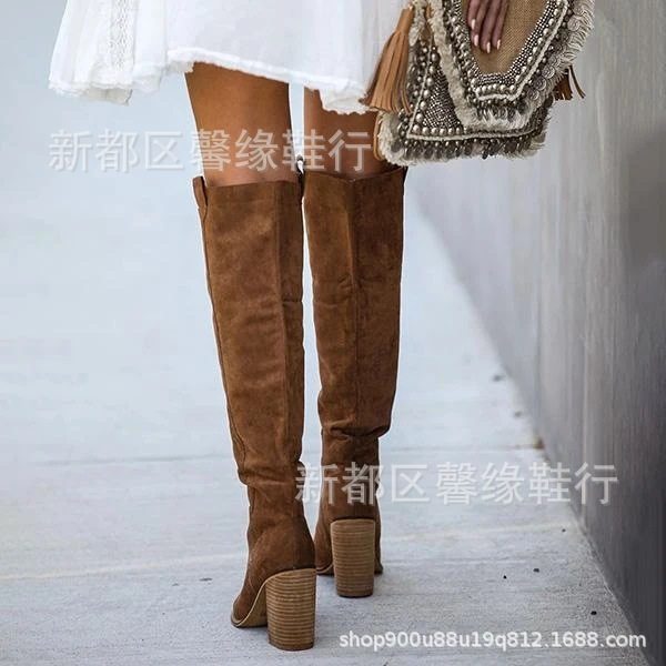 Independent Online Store Foreign Trade Plus-Size European and American Hot-Selling Women's Chunky Heel Long Boots Round Toe Suede Western Boots Slip-On Riding Boots