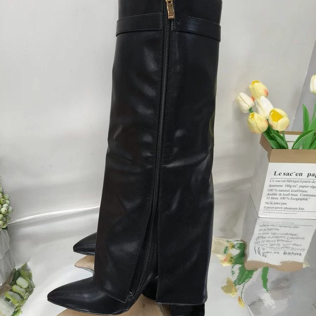 2025 New Foreign Trade Pointed Toe Wide Calf Straight Metal Buckle Mid-Calf Boots Large Size Chunky Heel Trouser Boots Women's Boots