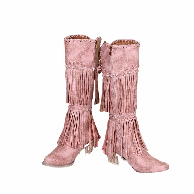 Independent Station Export European and American Style Large Size Female Knight Boots Tassel Boots Thick Heel High Boots Fashionable Western Cowboy Boots