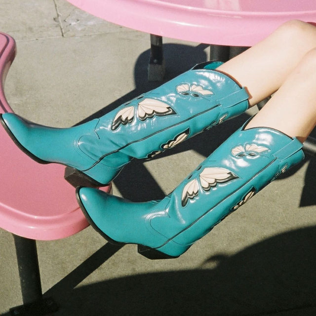 Wish Independent Platform European and American Style Plus-Size Women's Chunky Heel High Tube Riding Boots with Butterfly Pointed Toe Western Cowboy Boots