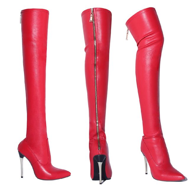 Independent Foreign Trade European and American Plus Size 46 Sexy Women's Over-The-Knee Boots with Back Zipper, Metal Heel, Pointed Toe Fashion Boots