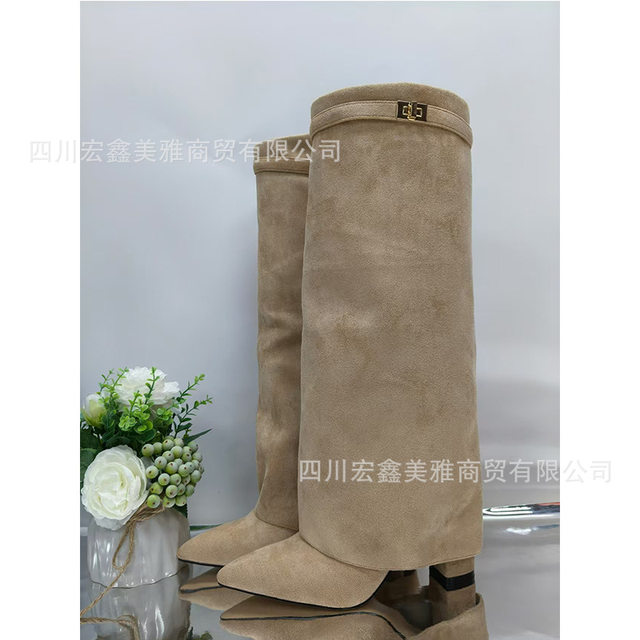 2025 New Foreign Trade Pointed Toe Wide Calf Straight Metal Buckle Mid-Calf Boots Large Size Chunky Heel Trouser Boots Women's Boots