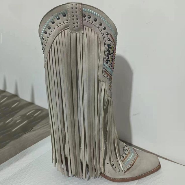 Independent Foreign Trade European and American Style Women's Extra-Large Square-Toe Rhinestone Retro Tassel Boots with Chunky Heels, Internet-Famous Western Cowboy Boots