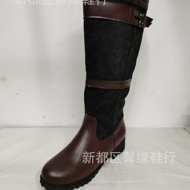 Independent Foreign Trade European and American Style Large Size Chunky Heel Color-Block Women's Fashion Boots with Belt Buckle, Pull-On Riding Boots, Round-Toe Long Boots