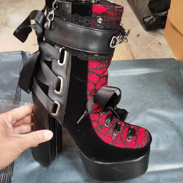 New autumn and winter short boots for women color combination sweet and cute thick high heel lace princess shoes large size girl fashion Martin boots