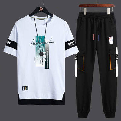 Suit men's summer short-sleeved casual sports Korean version loose youth junior high school students T-shirt trend two-piece set
