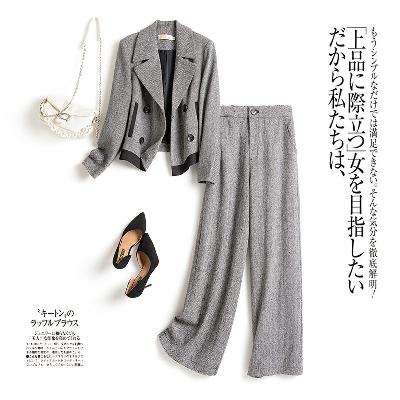 Italian big-name foreign trade female YU single shopping mall cut standard cattle goods withdrawal cabinet tail single woolen suit casual pants two-piece set