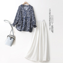 Italian Big Brands Foreign Trade YU Single Mall Cut of Bull Goods Withdrawal Counter Mall Printed Blouse Cotton Linen Wide Leg Pants Suit