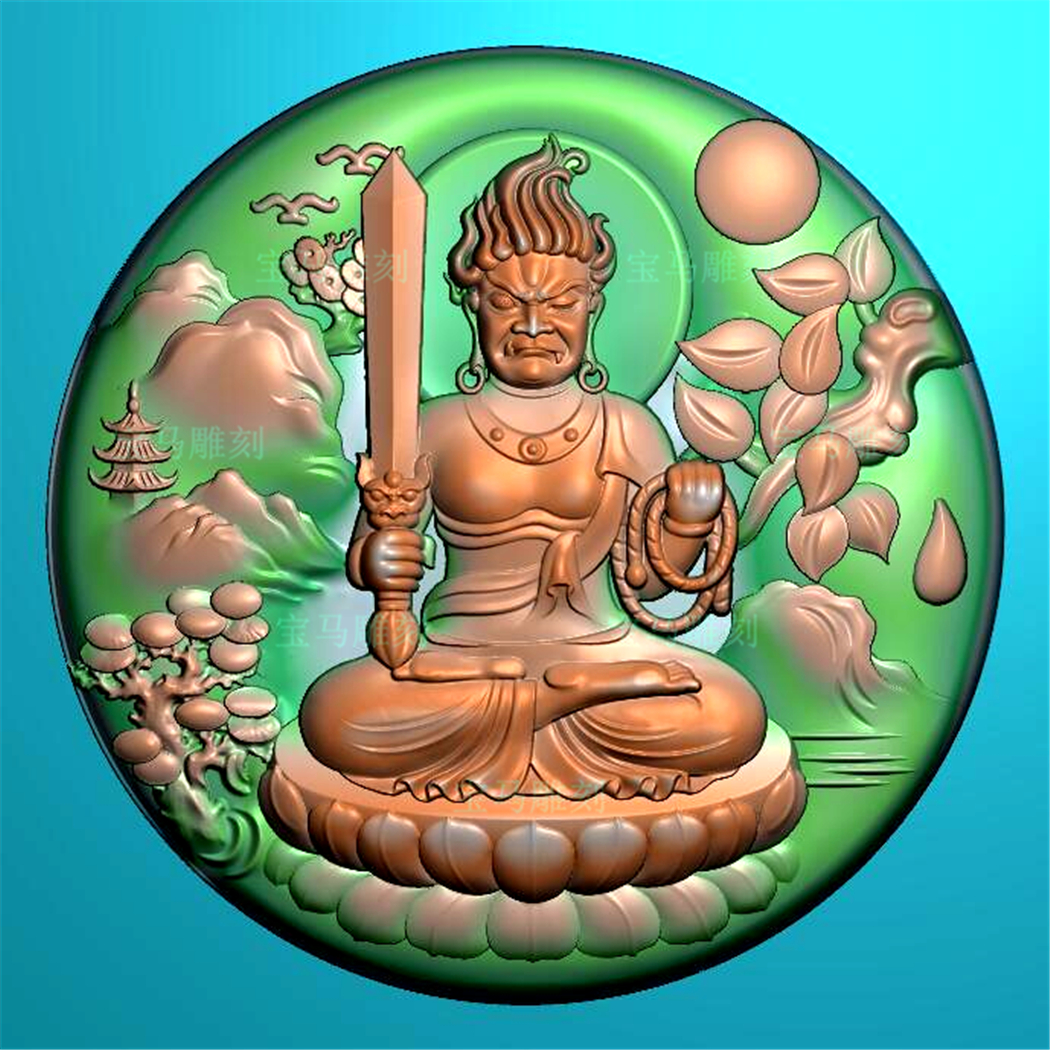 山水人物圓牌不動明王守護神掛件掃瞄精雕圖機雕玉雕圖JDP