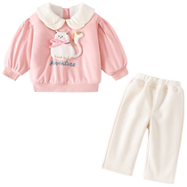 Girls suit autumn and winter clothing 2024 new childrens fleece quilted sweatshirt baby casual pants winter baby clothes