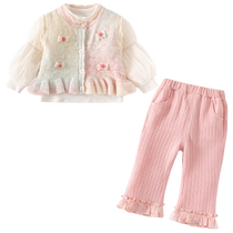 Girls suit spring dress 2024 new Yangbaby baby horn horn pants spring and autumn children three pieces