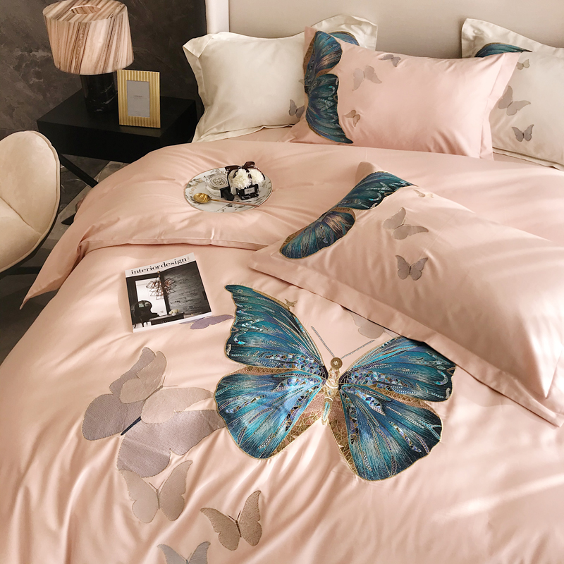 High-end 120 cotton pink princess style four-piece set of cotton simple butterfly embroidery girl heart bed linen 4
