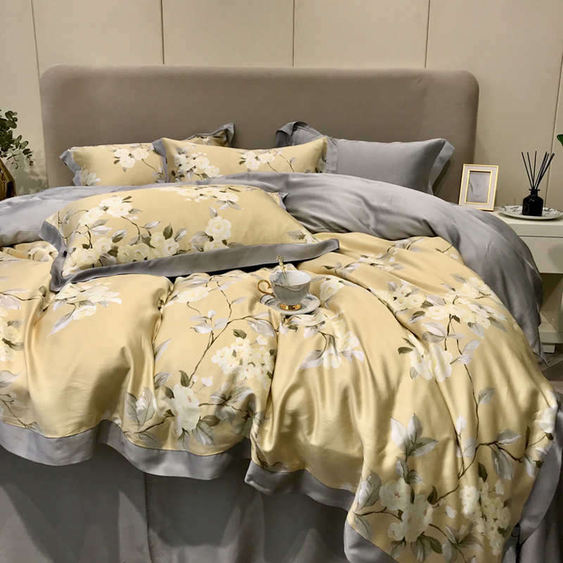 Upscale 80 Sky Silk Four Pieces Naked Sleeping Ice Silk Sliding Summer Bifacial Lesel Tian Garden Wind Quilt Cover Bedding