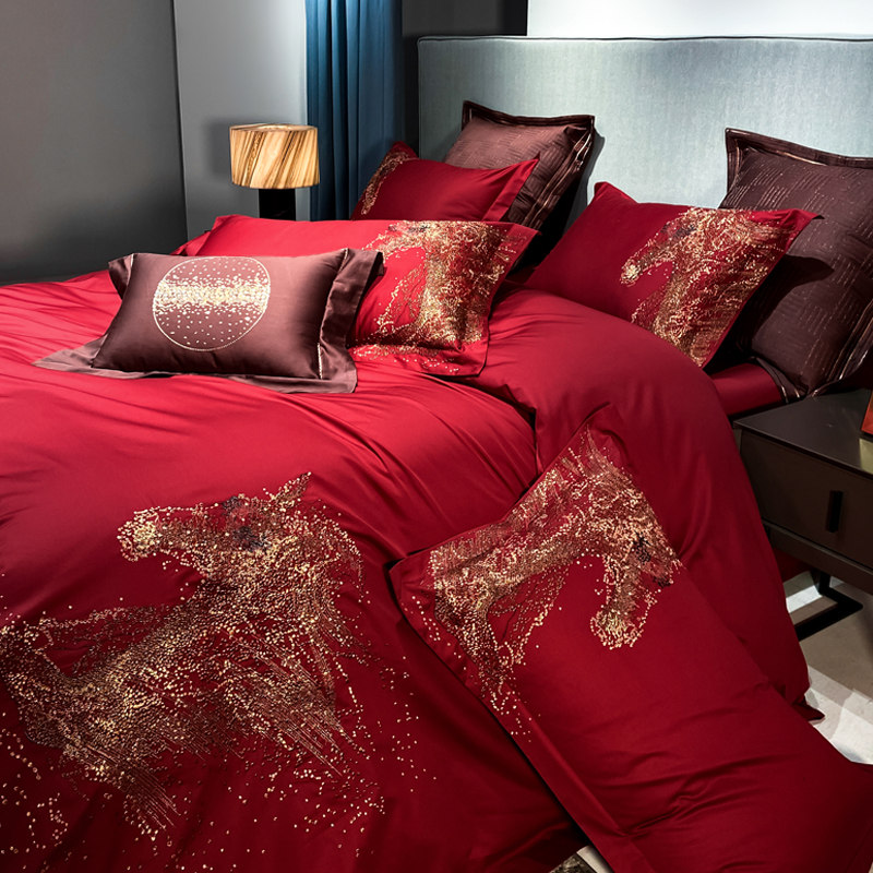 High-end embroidery 100 cotton wedding four-piece cotton fashion atmosphere Western-style wedding red quilt bedding 4