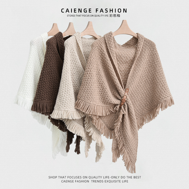 Autumn and Winter Knitted Leather Buckle Large Triangular Shawl 2026 New Versatile Tassel Scarf Women's Woolen Cape Outerwear