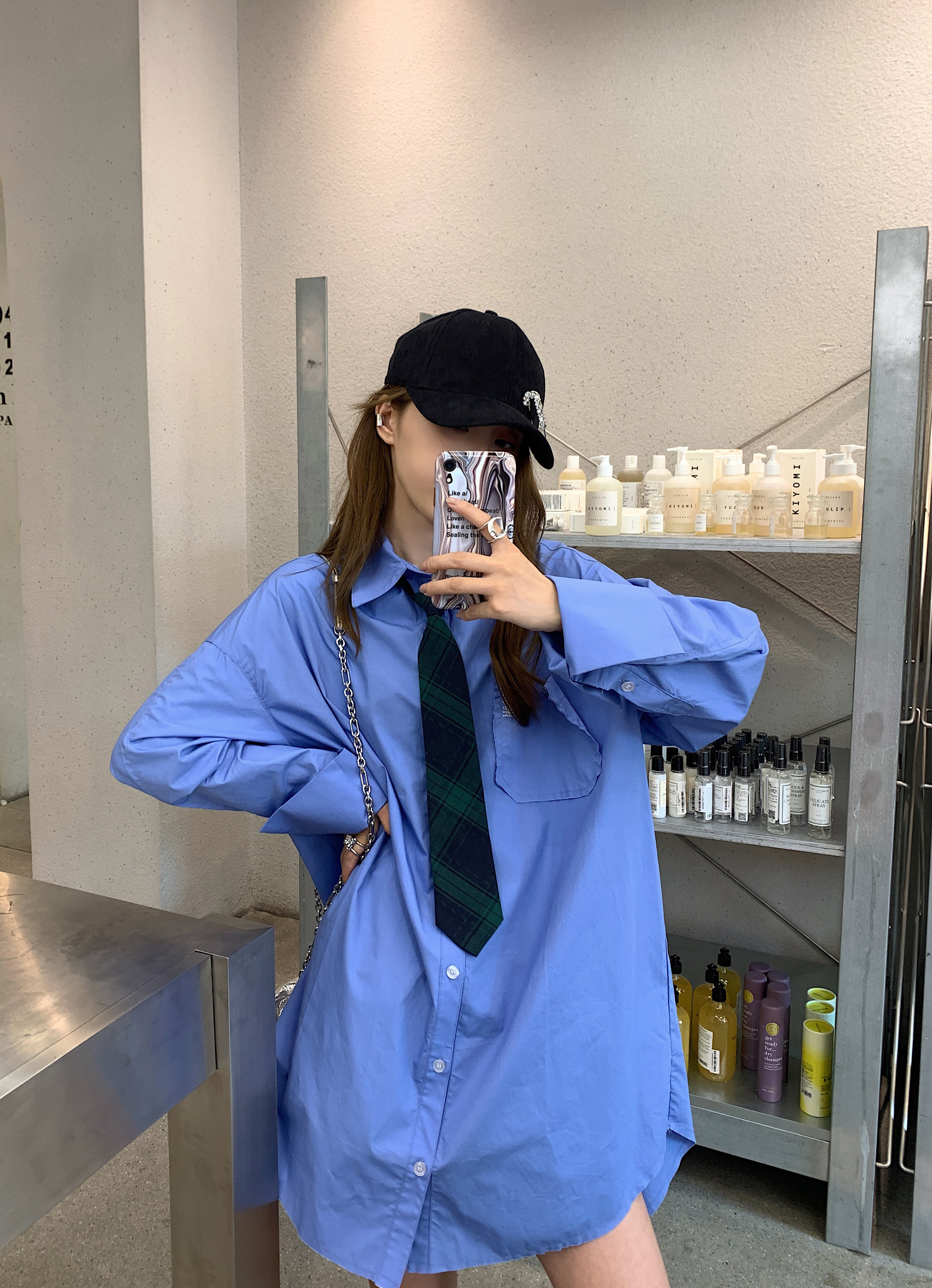 Mid-length blue shirt women's outdoor wear all-match 2022 autumn new thin long-sleeved top Korean loose shirt