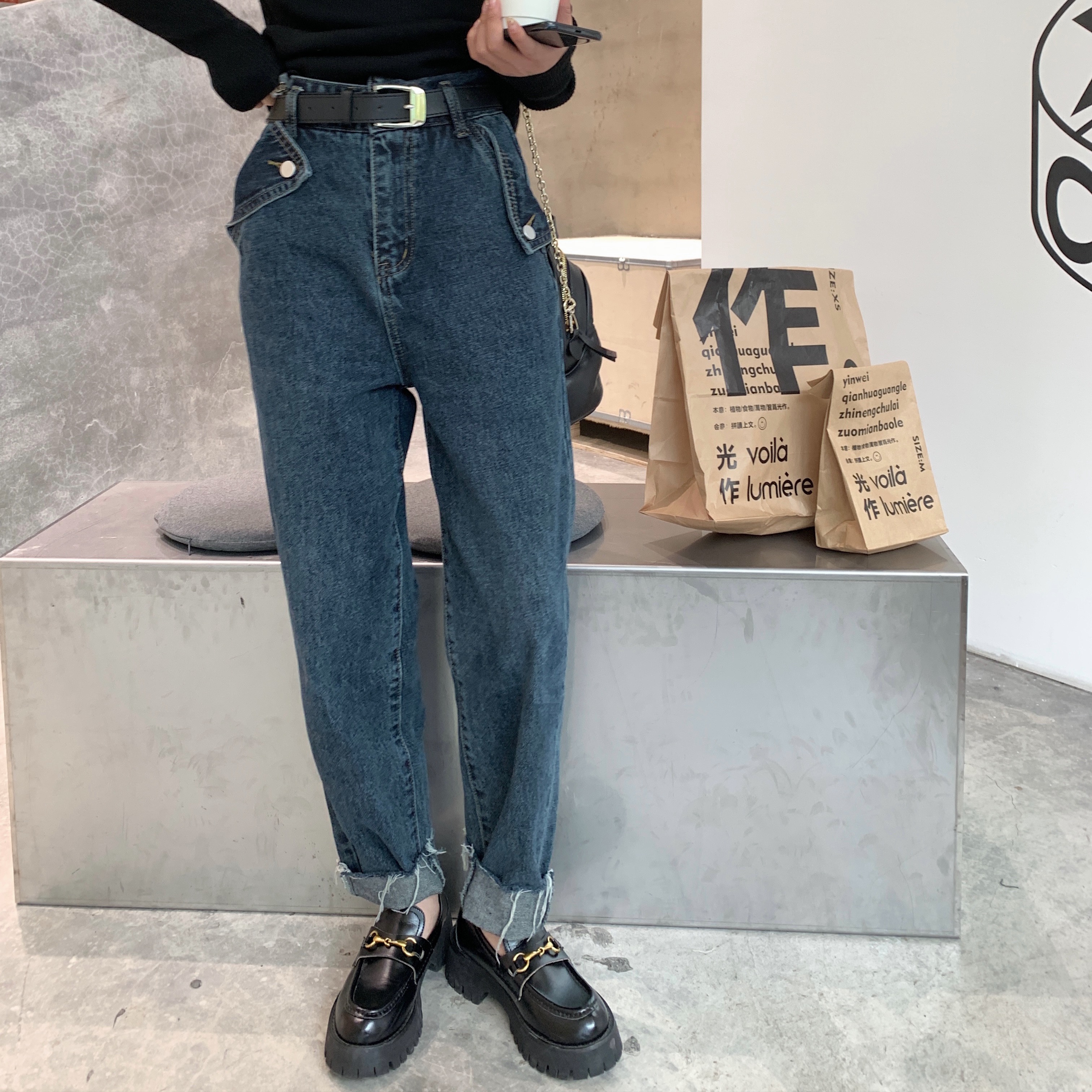 High waist thin jeans women's 2022 autumn and winter new loose carrot pants Korean style temperament dark small feet pants