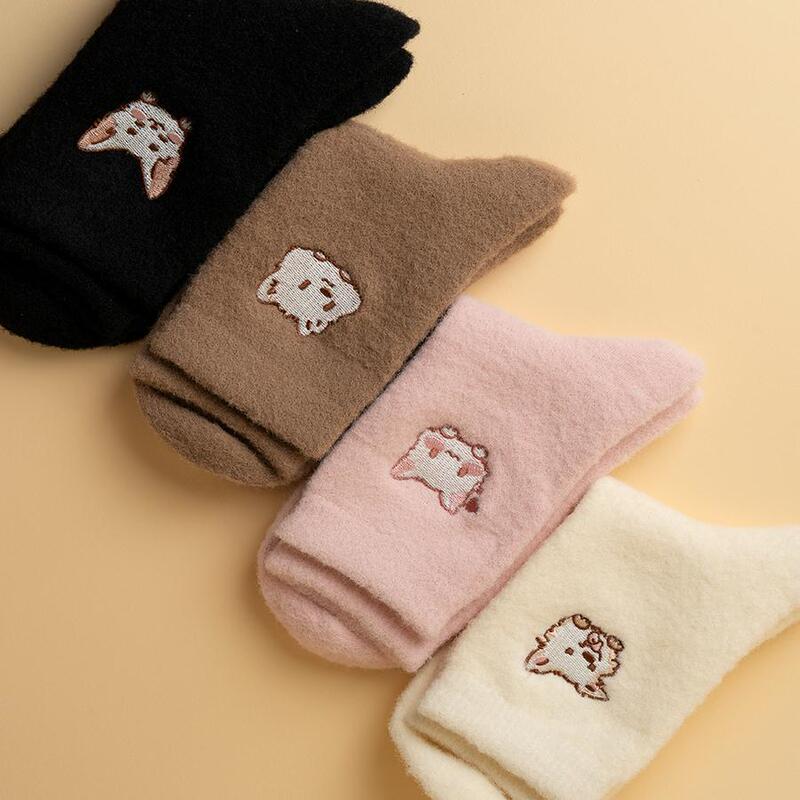 Autumn and Winter Pile Socks Cute Pet Cats and Dogs Embroidered One-Size-Fits-All Socks Imitation Mink Velvet Pile Socks Sleeping Socks