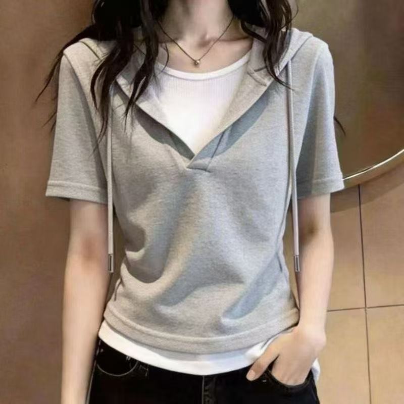 Pure Cotton Fake Two-Piece Hooded Short-Sleeve T-Shirt for Women, Summer Loose Fit, Plus Size, Slimming, Tummy-Covering, Age-Reducing, Versatile Sweatshirt Hoodie