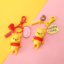 Japanese and Korean cartoon cute Pooh key chain Bell pendant small doll key chain couple hanging bag decoration