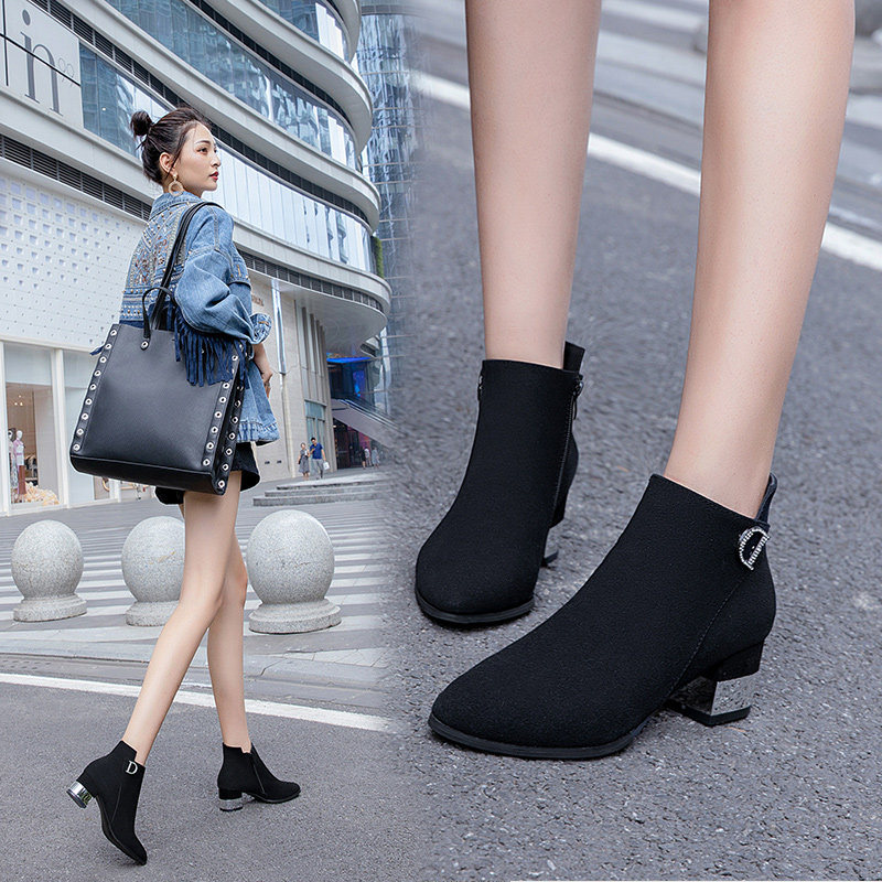 粗跟短靴女2019春季新款高跟矮靴韩版短筒靴及裸靴加绒增高马丁靴
