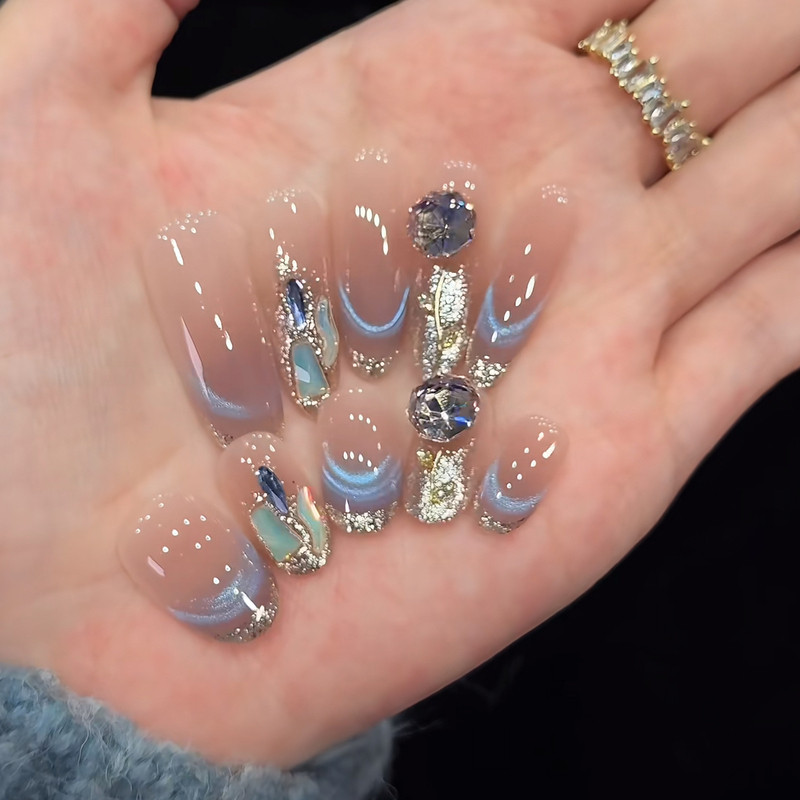 Blue Enchantress Handmade Wearable Nails, High-End Gradient Full Diamond Whitening Manicure, Removable Fake Nails, Light Luxury Style