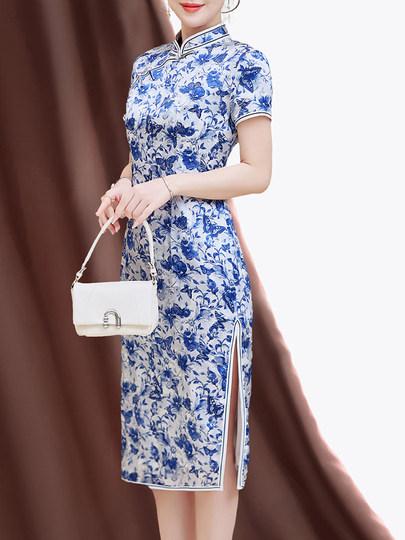 Summer New Style, Modernized Chinese Style, Blue and White Porcelain Print Cheongsam, Silk Dress, Petite Mulberry Silk Dress