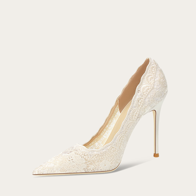 French White Wedding Dress High Heels Women's Lace Embroidered Engagement Wedding Shoes Bridal Shoes Niche Cheongsam Flats Bridesmaid Shoes
