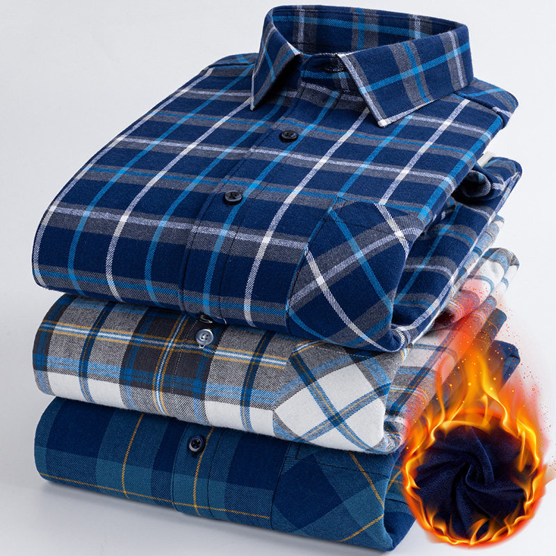 Men's Warm Underwear Youth Long Sleeve Shirt Winter Pure Cotton Blouse Plus Suede Thickened Middle-aged Dad Plaid Shirt