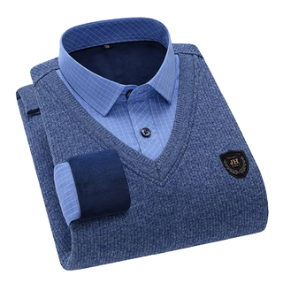 男士保暖内衣青中年假两件衬衫领针织衫加绒加厚毛衣打底衫男上衣