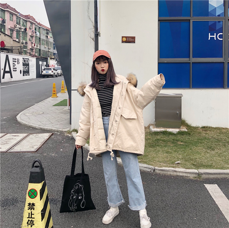 Quần áo cotton mùa đông chic nữ dài phần phiên bản Hàn Quốc 2018 mới bf lỏng rộng cổ áo lông thú bông áo khoác - Bông áo khoác phao nữ đẹp