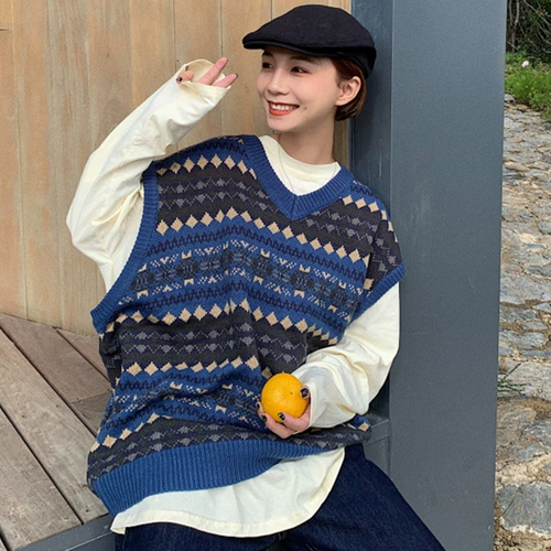 Демисезонный ретро свитер без рукавов, трикотажный жилет, французский стиль, свободный крой, в корейском стиле