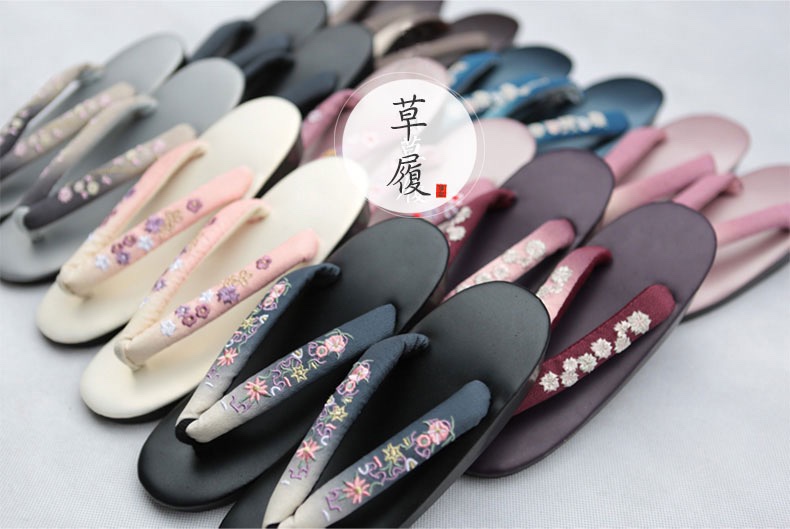 Japanese Wooden Clogs, Japanese-Style Cosplay Kimono Straw Clogs, Embroidered Gradient Straw Clogs, Pu Slippers