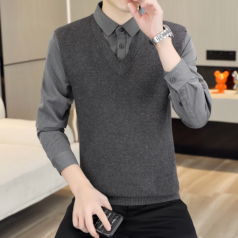 Fake Two-Piece Sweater Men's Shirt Collar Knitwear V-Neck Vest Solid Color Autumn and Winter High-End Business Inner Layer Base Shirt