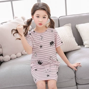 Cô gái váy ngủ mùa hè cotton ngắn tay cha mẹ-con lớn giữa bé gái nhỏ đồ ngủ váy nhà phục vụ mẹ và con gái váy