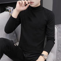 Autumn and winter new solid color long sleeve t-shirt mens semi-high collar base shirt with thickened sweater top middle collar small shirt