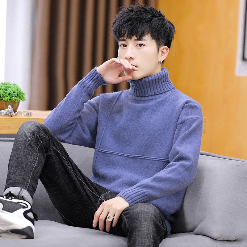 11803 Blue Greyman sweater Half high collar Autumn and winter Versatile Self cultivation knitting Undershirt Pure black Middle collar Thread clothes trend men's wear