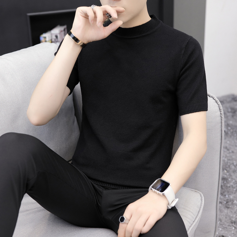 2026 Autumn New Short-Sleeve Sweater for Men, Thin Mid-Neck Knitwear, Trendy Solid Color Half-Sleeve Half-Turtleneck Sweater