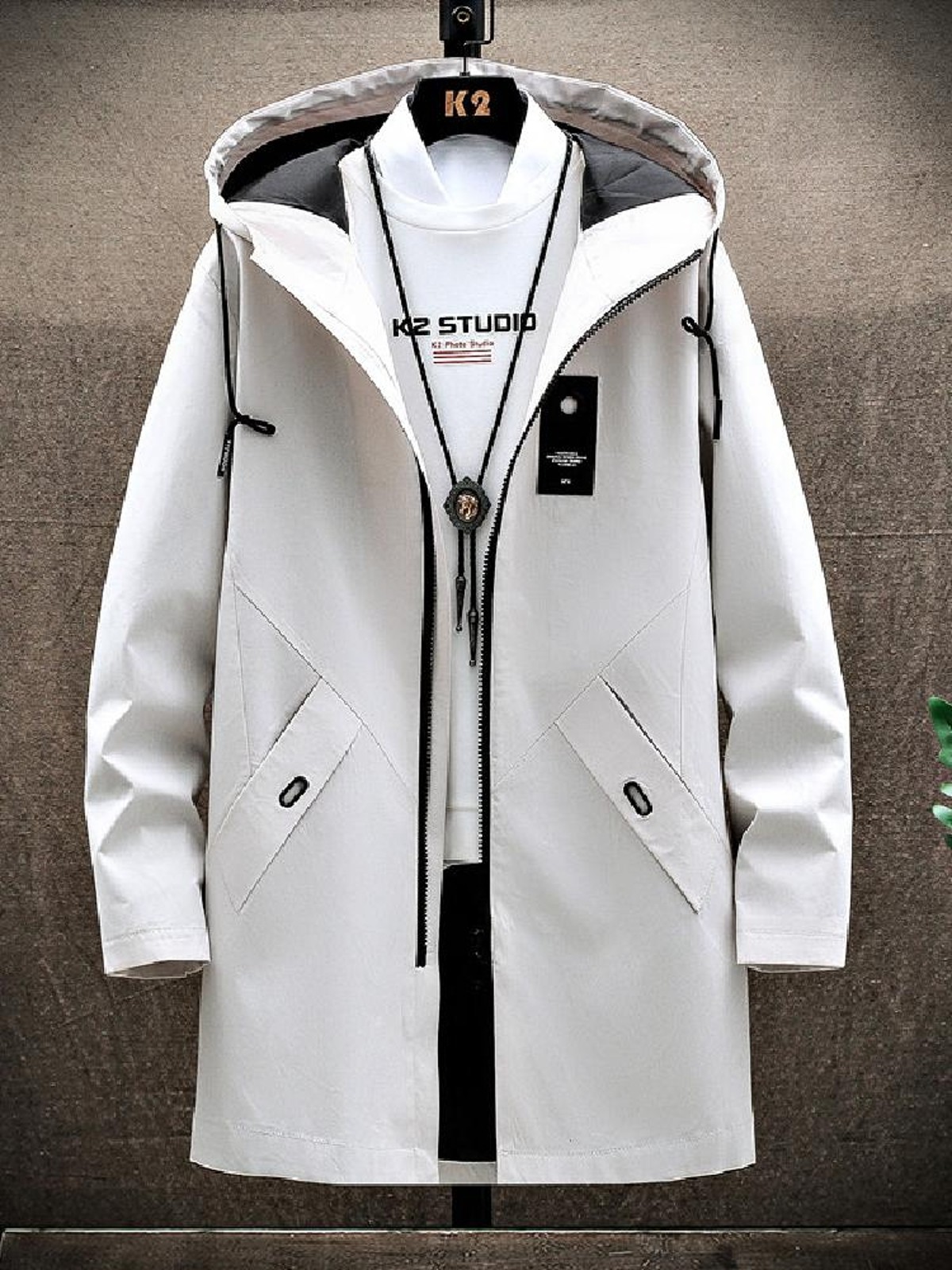 Spring and Autumn Men's Trench Coat, Mid-Length, Korean Style, Trendy Autumn and Winter Jacket, Fleece-Lined, Thickened, Casual Men's Clothing