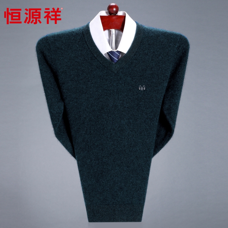 Hengyuan xiang cashmere nam áo len v cổ áo dày trung niên người đàn ông kinh doanh tinh khiết cashmere gà cổ trái tim áo len cha váy chỉnh sửa mã lớn.