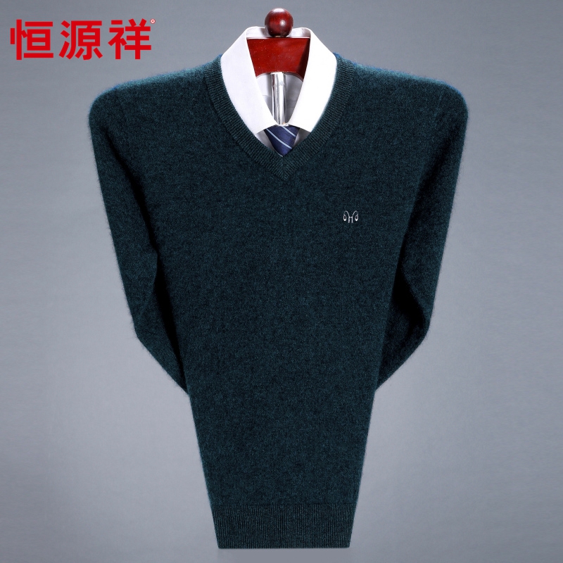 Hengyuanxiang áo len man v cổ áo dày mùa đông cao cấp tinh khiết màu cashmere gà cổ trái tim áo len cha váy đang lớn