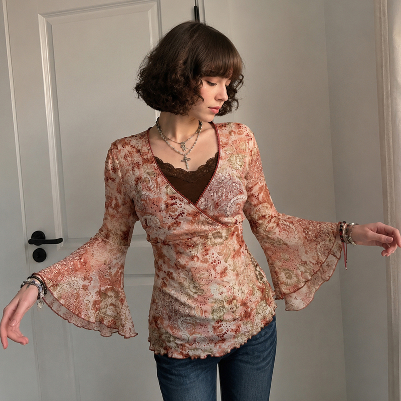 Sweetown Blossoms # Vintage-Style Floral Print Top with Waist-Cinching V-Neck and Ruffled Bell Sleeves T-Shirt Sweetown Blossoms # Vintage-Style Floral Print Top with Waist-Cinching V-Neck and Ruffled Bell Sleeves T-Shirt