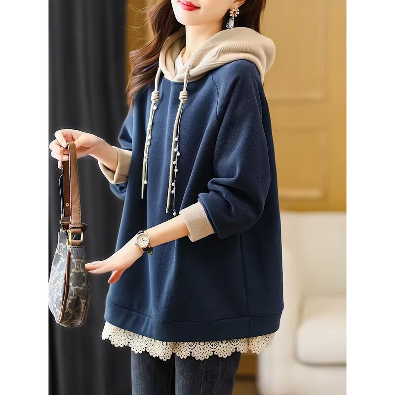 Foreign Trade Original Hooded Color-Blocked Sweatshirt for Women, Autumn and Winter, Large Size, Loose, Versatile, Patchwork Long-Sleeve Top, Women's Jacket