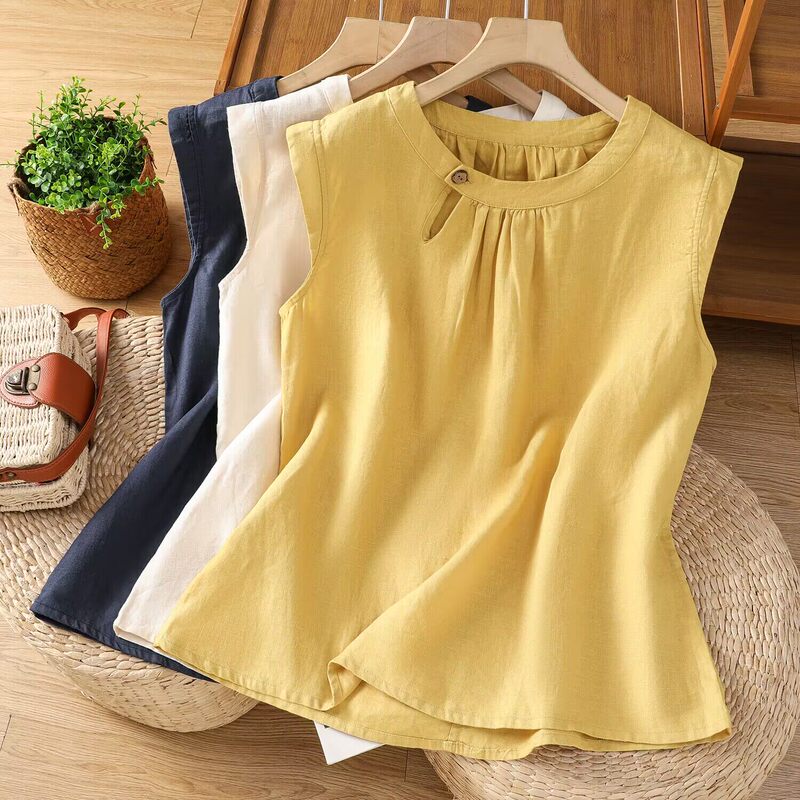 Original Foreign Trade Korean Style Small Flutter Sleeve Linen Tank Top for Women, Summer Elegant and Age-Reducing Pullover Shirt, Cotton and Linen Sleeveless Top Original Foreign Trade Korean Style Small Flutter Sleeve Linen Tank Top for Women, Summer Elegant and Age-Reducing Pullover Shirt, Cotton and Linen Sleeveless Top
