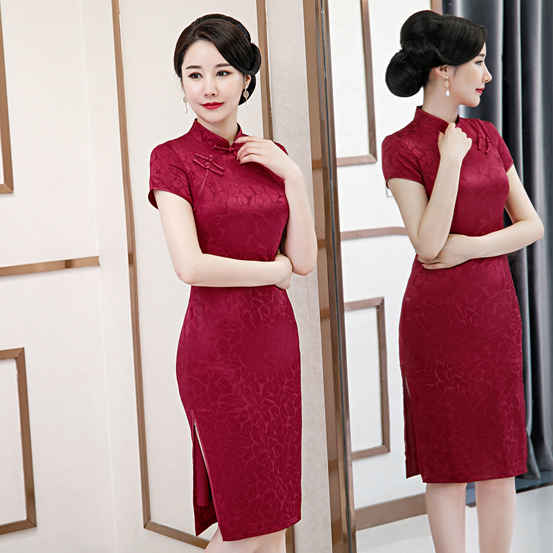 美舒饰 Cheongsam, retro red silk wedding dress for mother