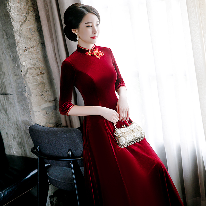 Velvet long cheongsam, elegant demi-season skirt, evening dress for mother