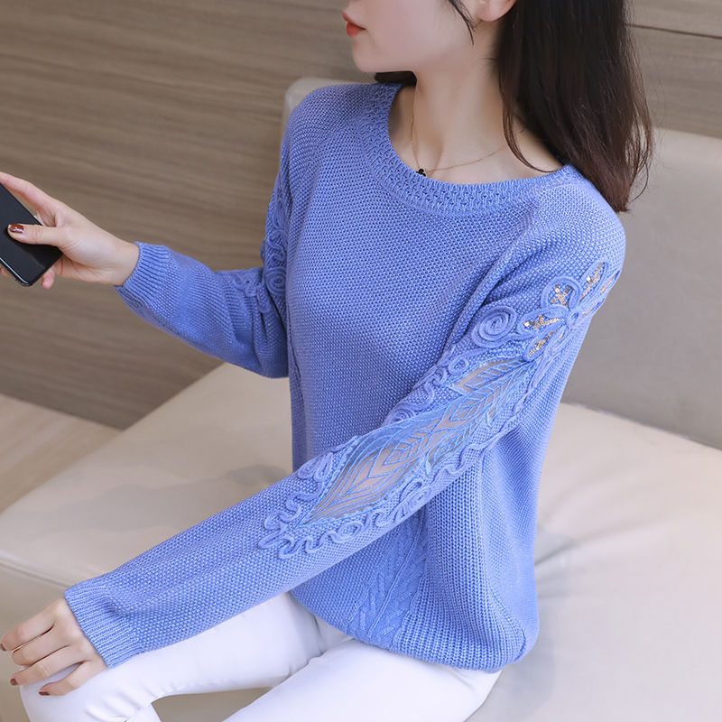 Ren đáy rỗng áo len nữ 2019 mùa xuân mới lỏng dài tay knittop đầu T-shirt với một chiếc áo len t-cổ